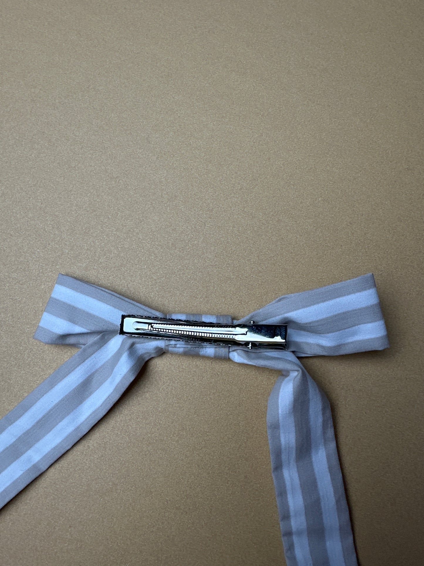 Taupe/White Striped Bow Clip