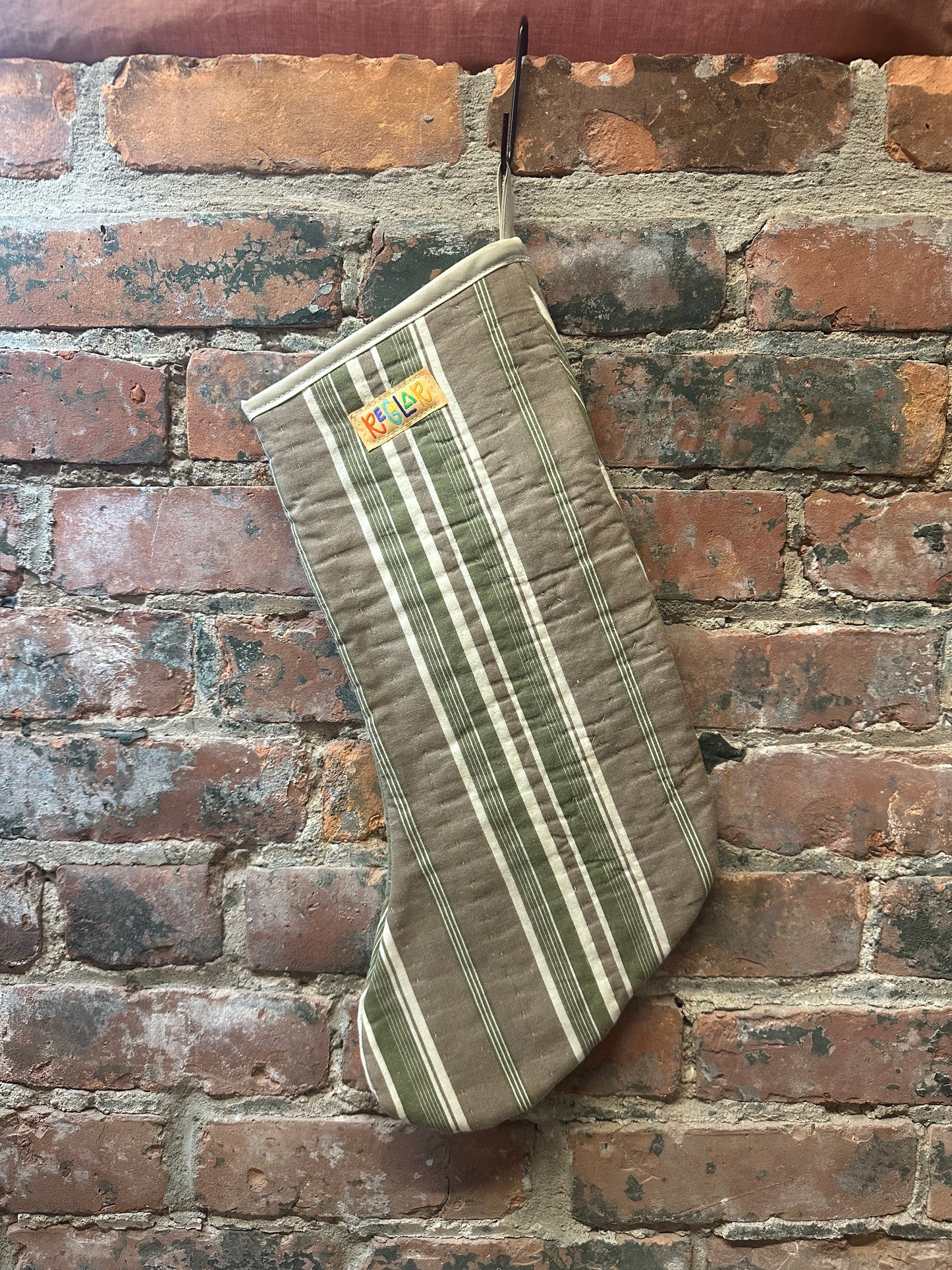 Green/Tan Striped Quilted Stocking