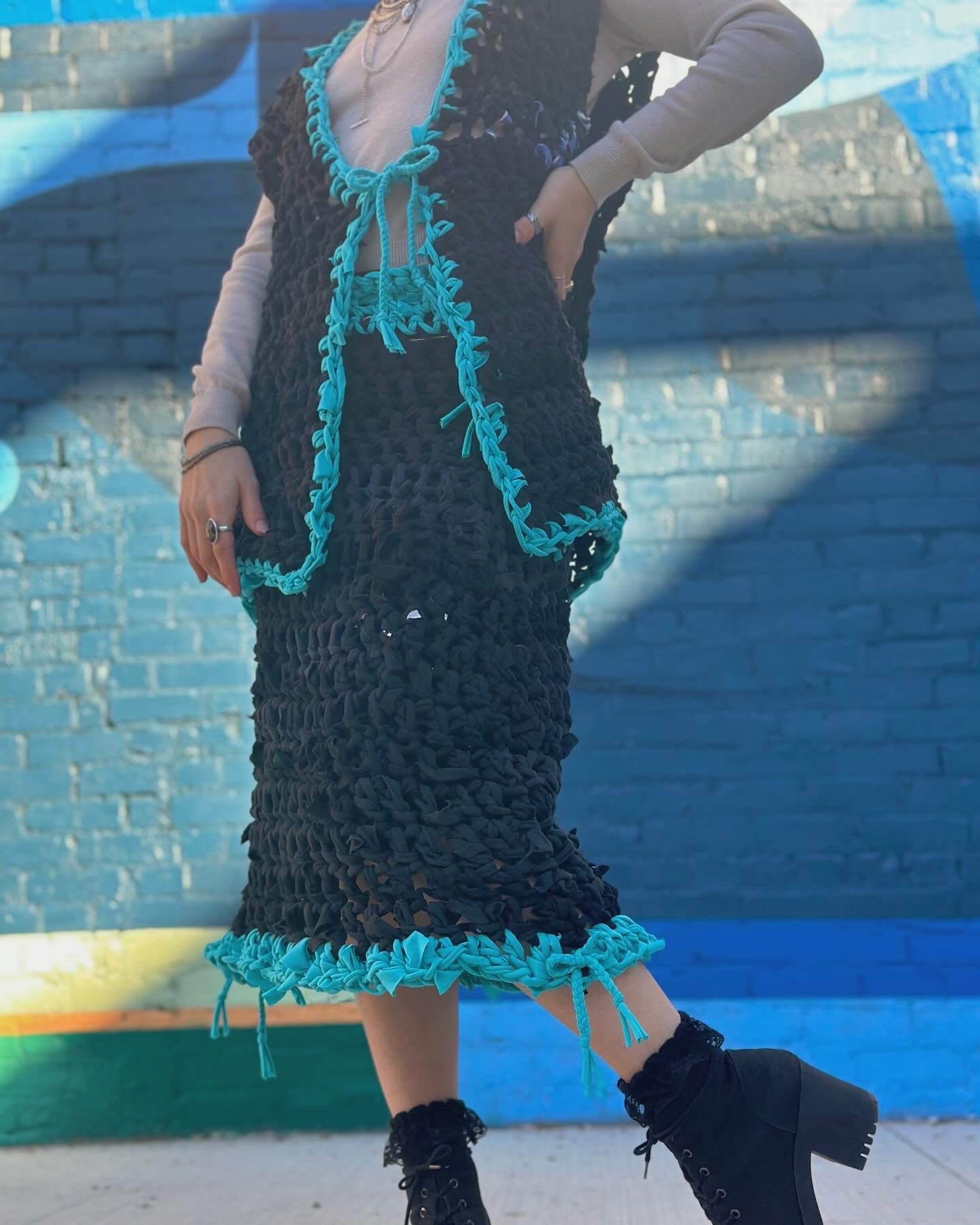 Black/Blue Crochet Midi Skirt