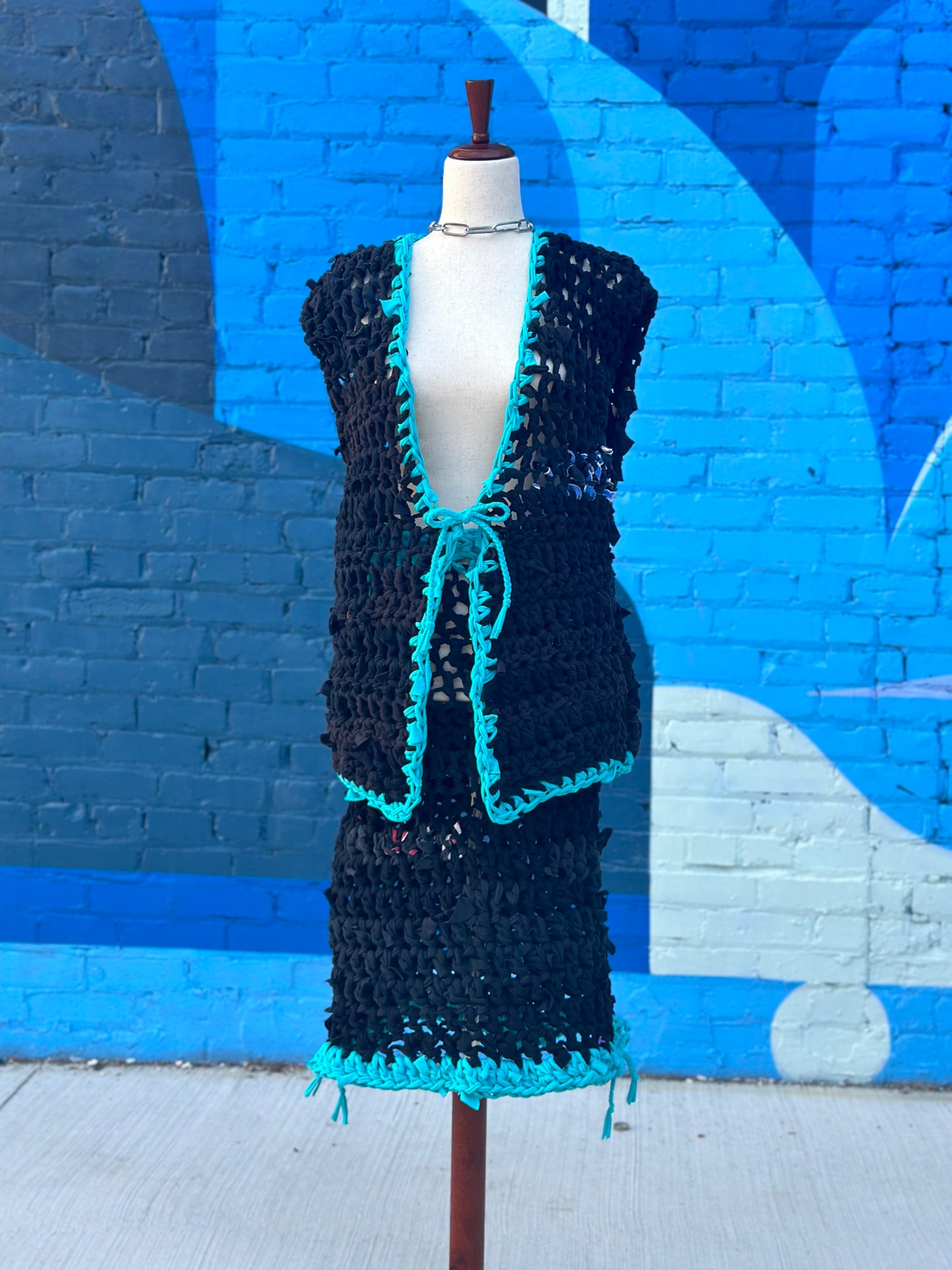 Black/Blue Crochet Tie Vest