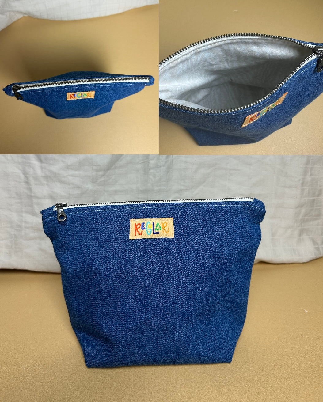 Denim/White Medium Zipper Pouch