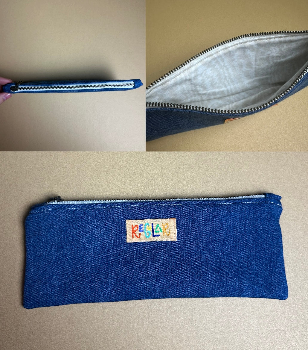 Denim/White Small Zipper Pouch