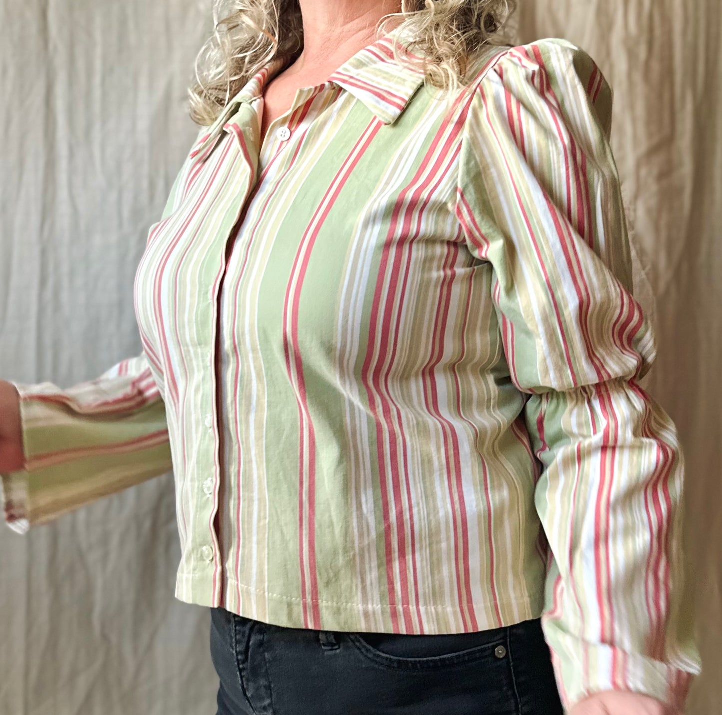 Striped Puff Sleeve Button Up