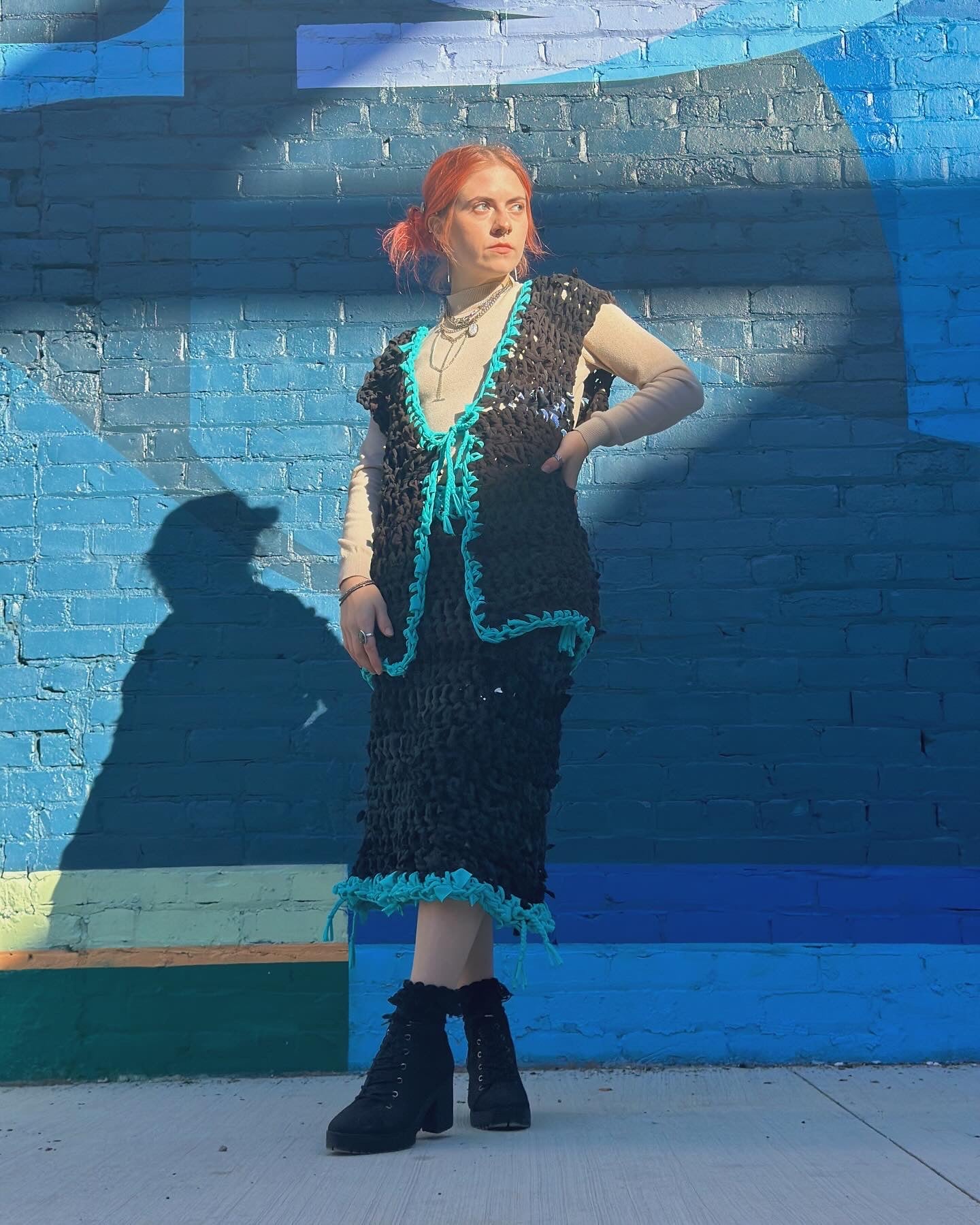 Black/Blue Crochet Tie Vest