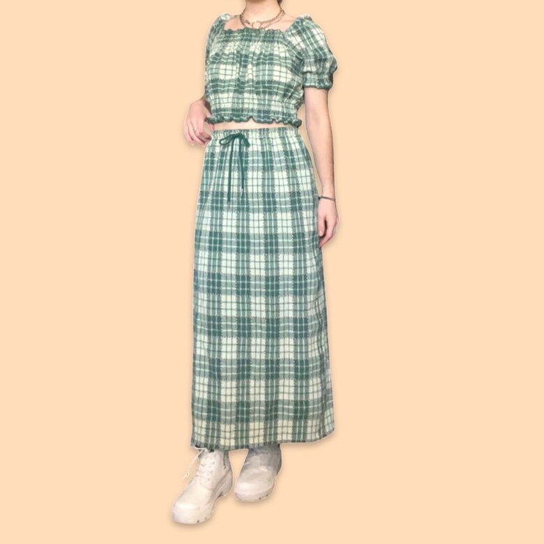 Green Plaid Long Straight Skirt
