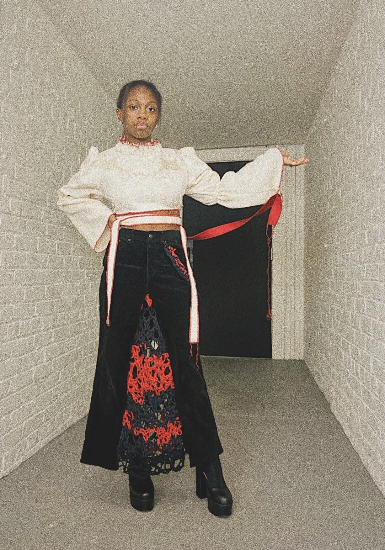 Black/Red Corduroy/Crochet Skirt