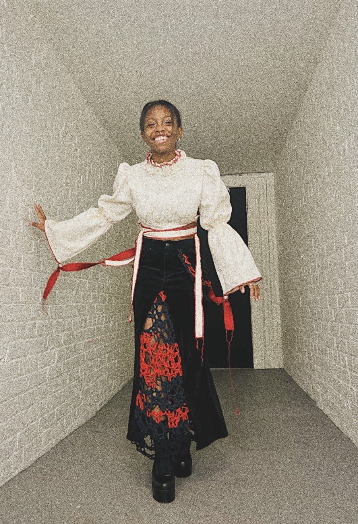 Black/Red Corduroy/Crochet Skirt