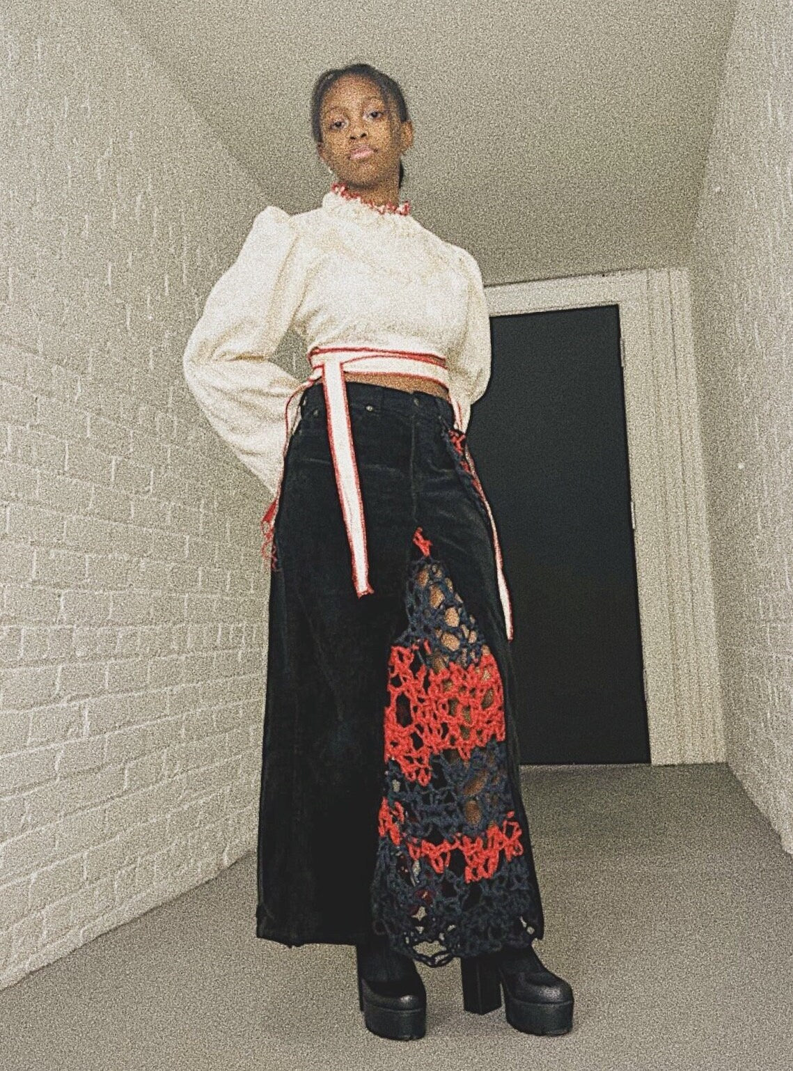 Black/Red Corduroy/Crochet Skirt