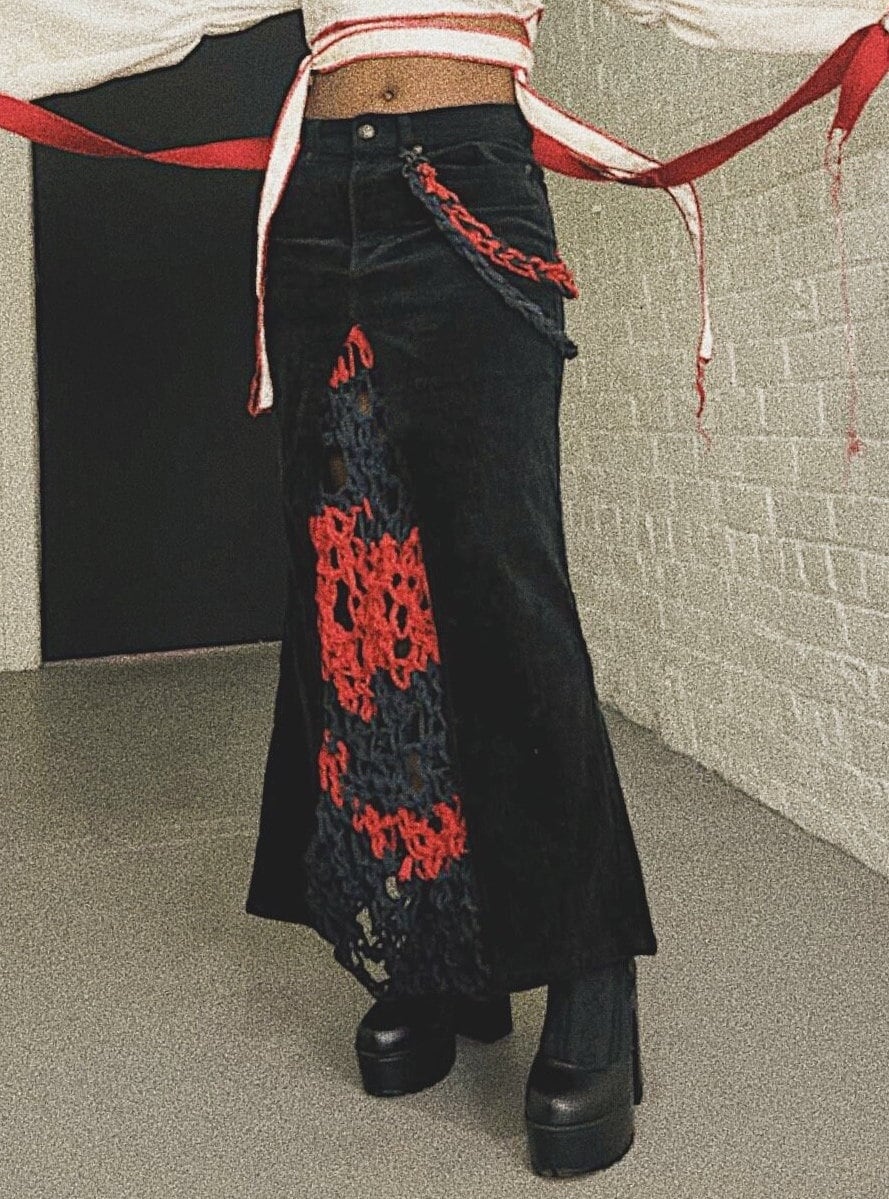 Black/Red Corduroy/Crochet Skirt