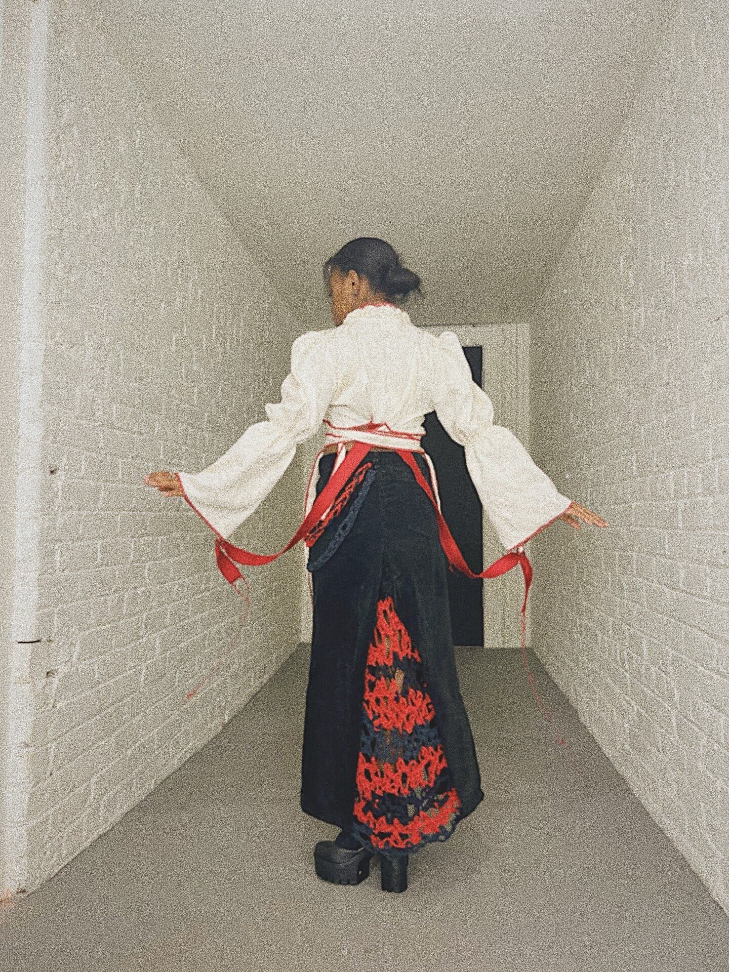 Black/Red Corduroy/Crochet Skirt