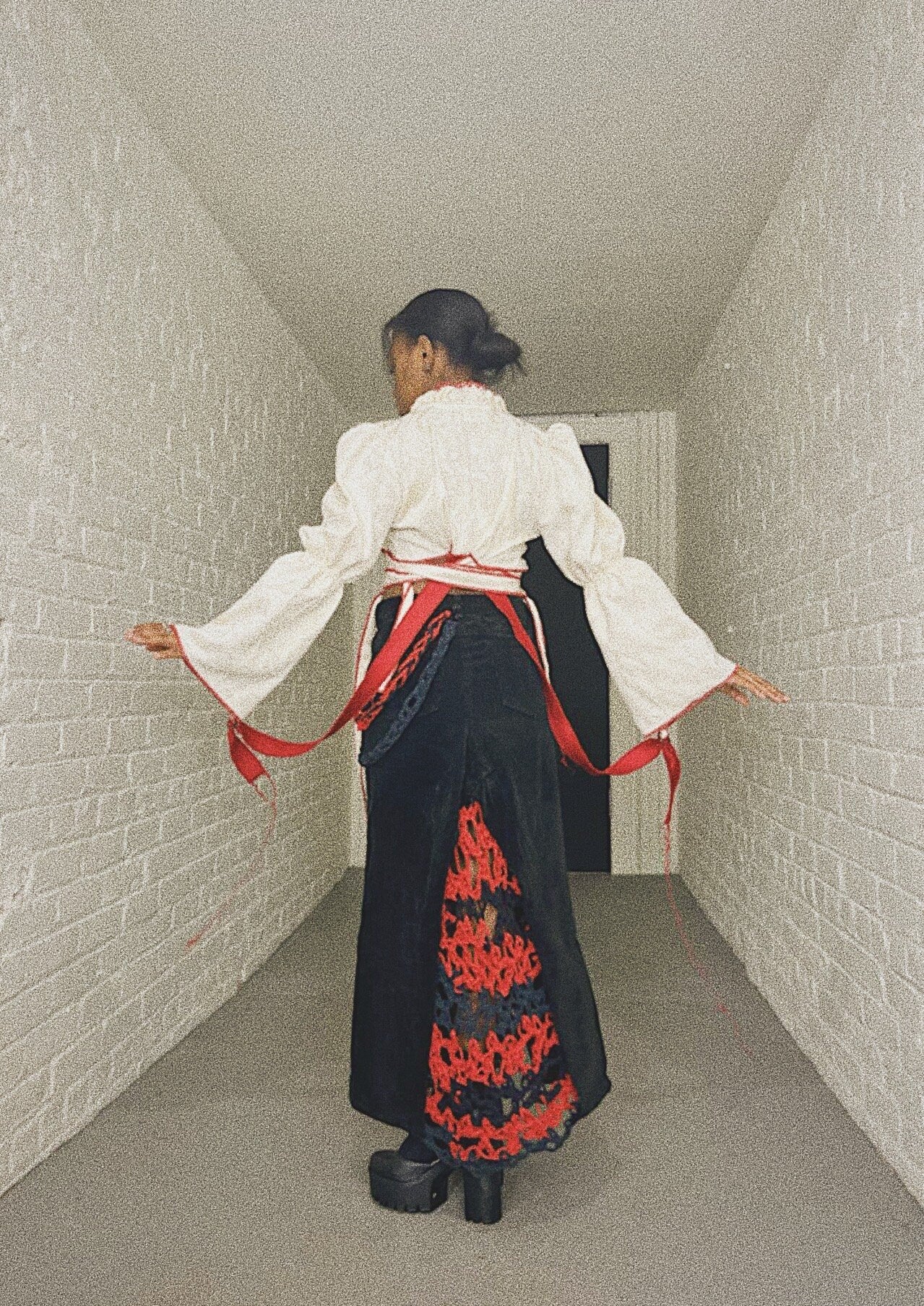 Black/Red Corduroy/Crochet Skirt