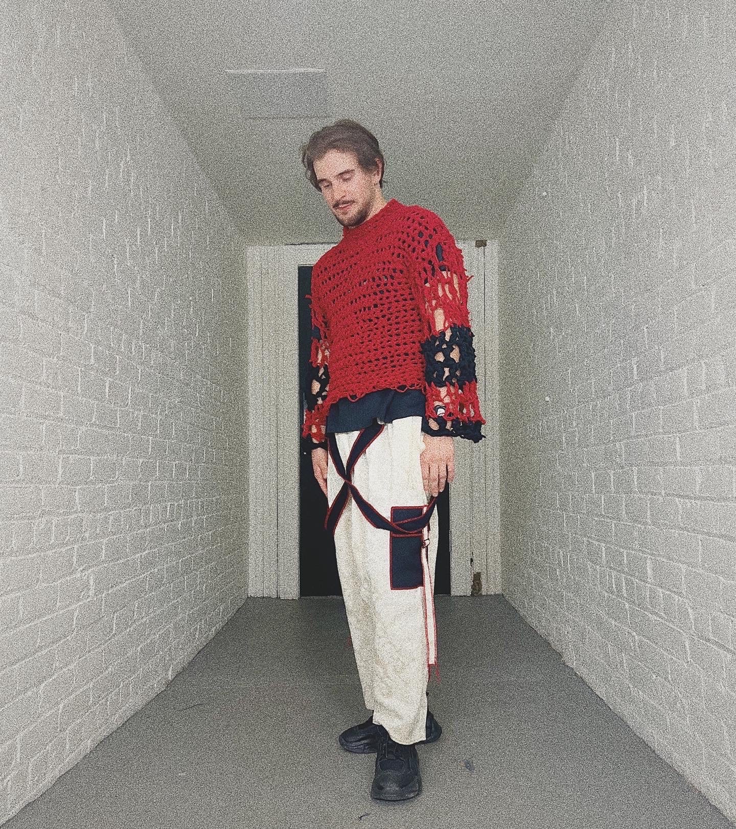 Red/Black T-shirt Yarn Crochet Sweater