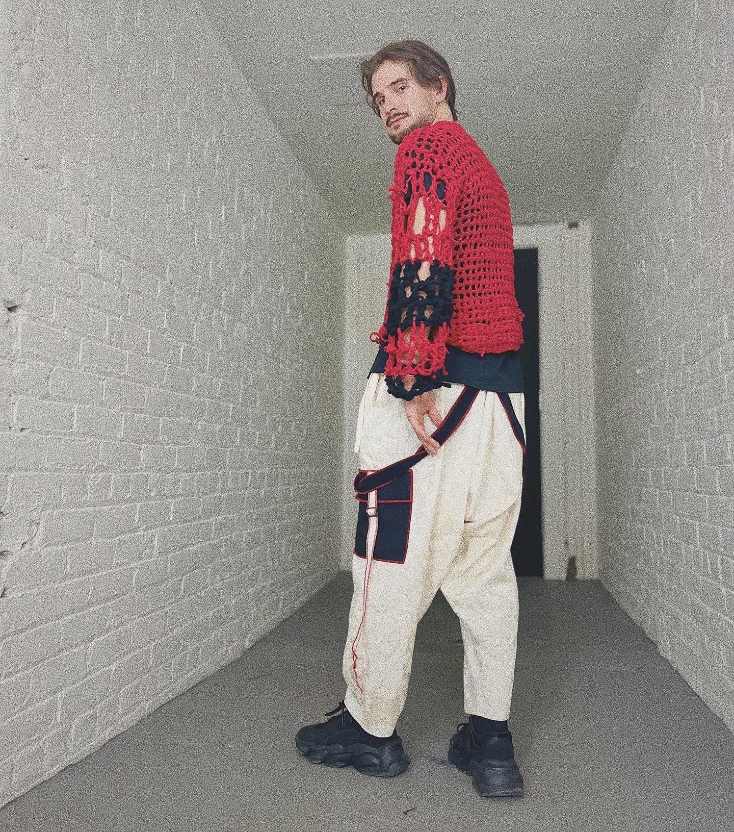Red/Black T-shirt Yarn Crochet Sweater