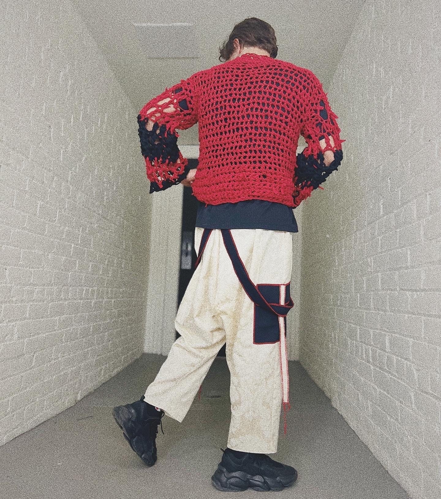 Red/Black T-shirt Yarn Crochet Sweater