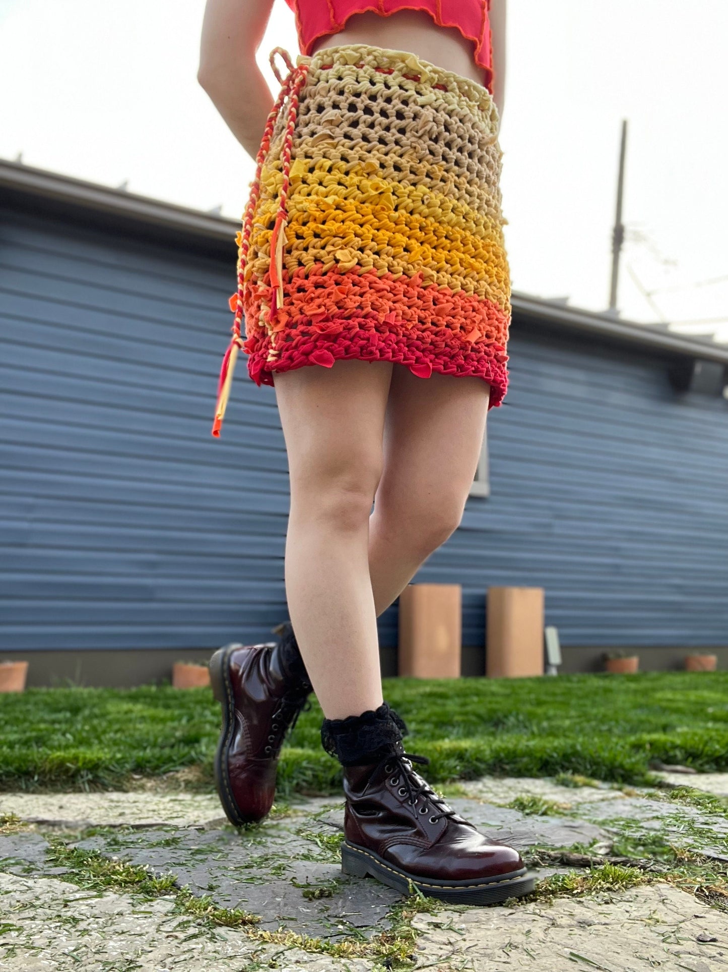 Sunset Upcycled T-shirt Yarn Crochet Mini Skirt