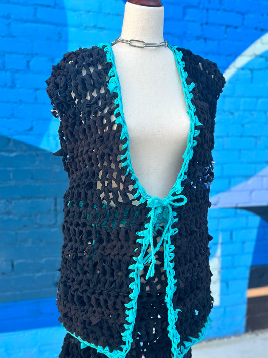Black/Blue Crochet Tie Vest