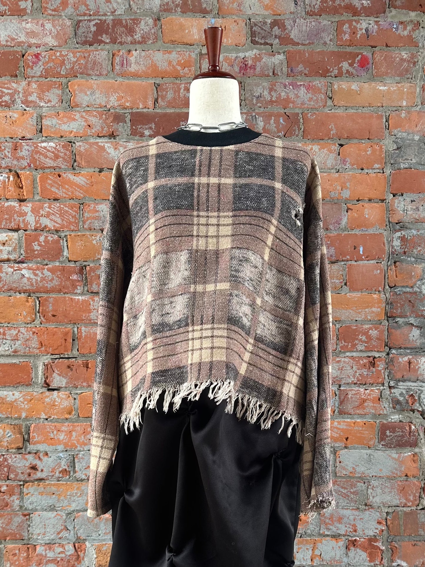 Cropped Plaid Distressed Blanket Sweater