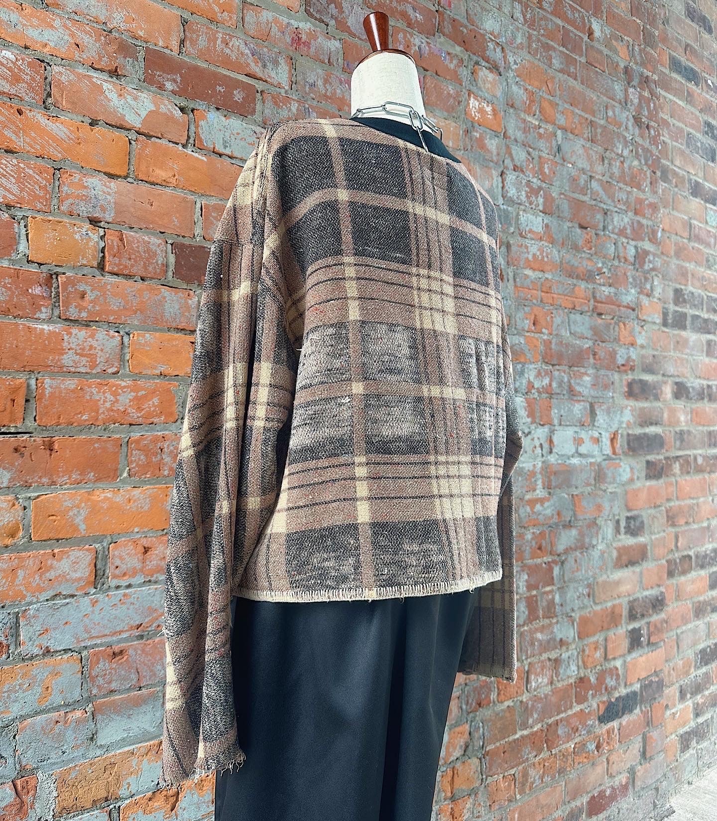 Cropped Plaid Distressed Blanket Sweater