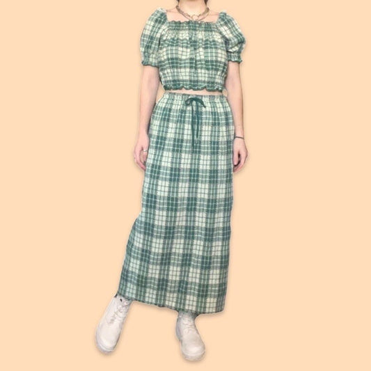 Green Plaid Long Straight Skirt
