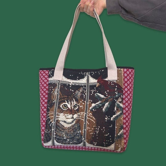 Handmade Winter Cat Structured Tote Bag