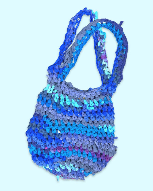 Blue Hand Crocheted T-shirt Yarn Bag