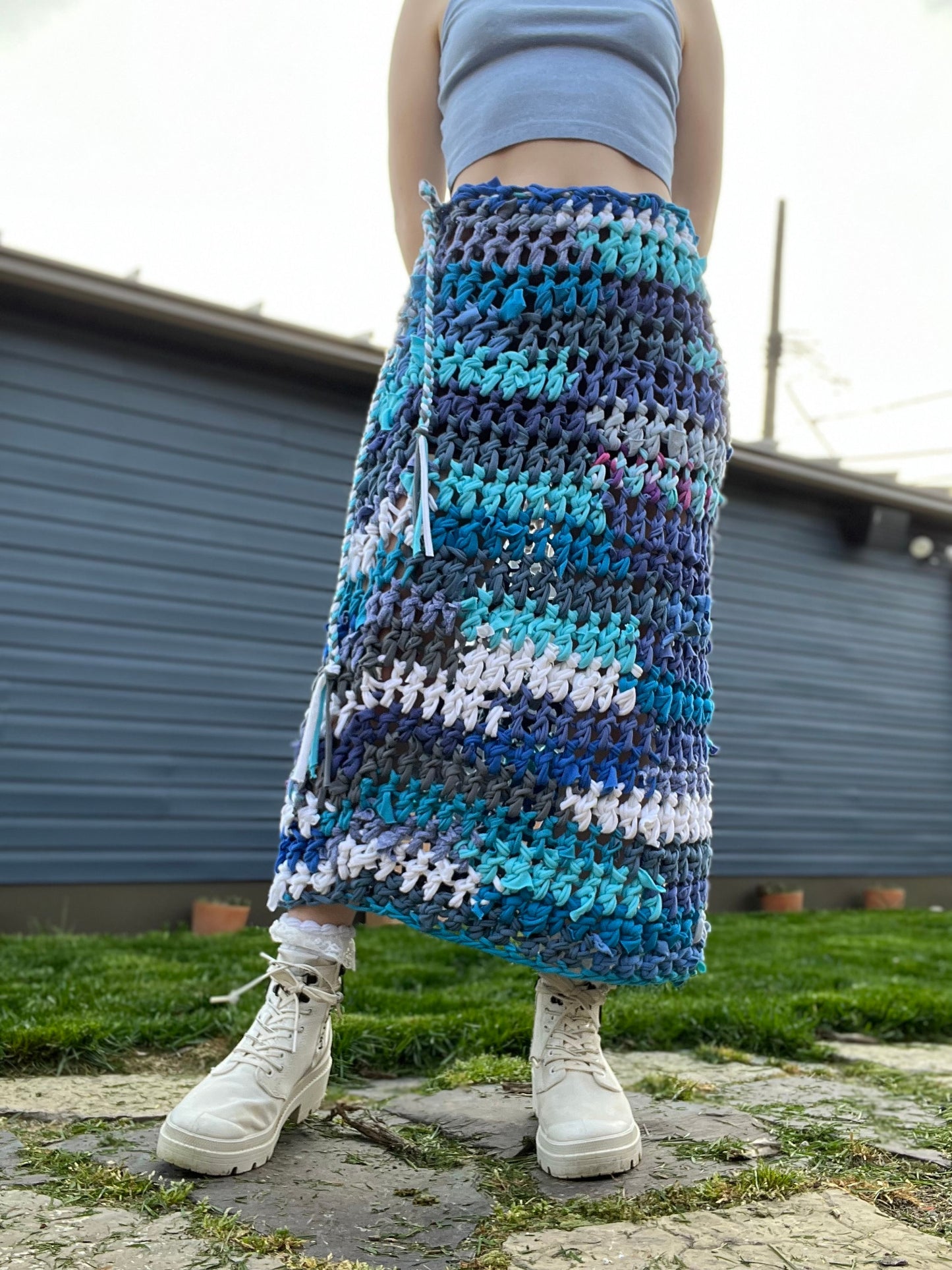 Blue T-shirt Yarn Crochet Maxi Skirt
